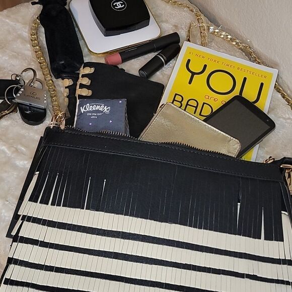 Black/Tan Fringe Vegan Leathe Clutch/Crossbody Bag - Picture 10 of 15